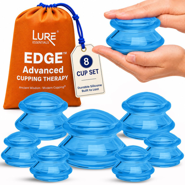 Lure Essentials Edge Silicone Cupping Set, Cupping Kit for Massage Therapy, Long Lasting Cups for Professional & Home Use, Body Sculpt Cup for Cellulite, Ultra Transparent Blue (8 Count)