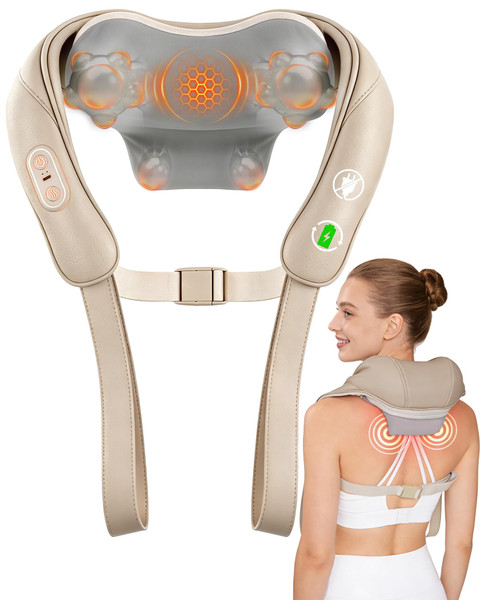 LOOMELL Neck Massager with Heat Cordless: Shiatsu Back Shoulder Massage Tools for Pain Relief Deep Tissue Electric 4D Kneading for Muscle Remedy Lymphatic Drainage Gifts for Men Women Mom Dad (Brown)