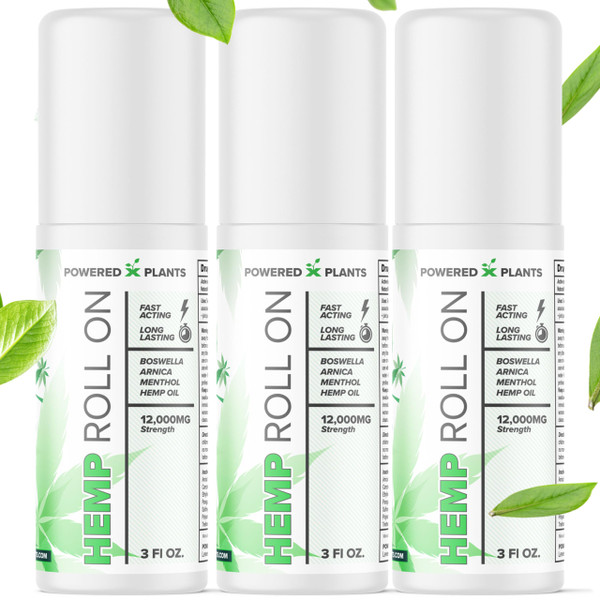 POWERED X PLANTS Hemp Oil Roll On - Menthol Rub with Boswellia & Arnica - 12,000mg Extra Strength Oil for Muscle Discomfort Pack of 3, 3 fl.oz.