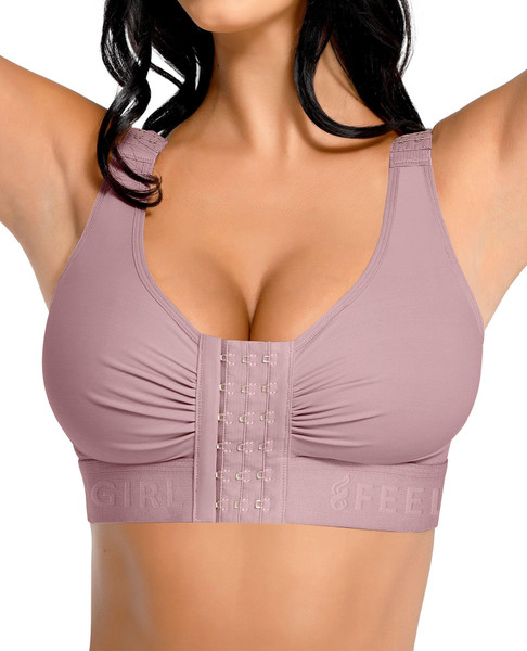 FeelinGirl Women Front Closure Post Surgery Compression Everyday Bras for Breast Implant Support with Adjustable Straps Wirefree Purple L