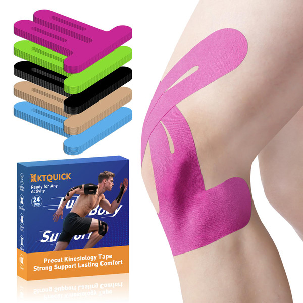 PreCut Kinesiology Tape for Knees, 24PCS Waterproof KTQUICK Knee Tape for Knee Pain Relief Pre Cut, Original Cotton Athletic Knee Tape, Waterproof & Hypoallergenic Latex-Free for Sports (Pink)