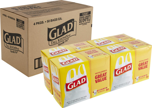 Glad Tall Handle-Tie Kitchen Trash Bags - 13 Gallon - 50 Count - 4 Pack (Packaging May Vary)