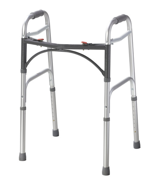 Drive Medical 2-Button Standard Foldable Walker for Seniors & Adults - Adjustable Legs - Lightweight Aluminum Construction - 350 Lb Weight Capacity - Basic Walking Aid - Silver