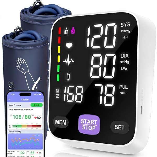 Andesfit Upper Arm Blood Pressure Monitor for Home Use 17" Large & 21" XL Extra Large Cuff Big arm, Free APP Bluetooth Sync Apple Health Track Google Fit, Large Display Smart BP Machine for Seniors