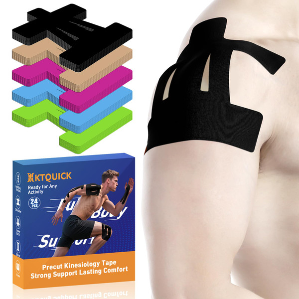 Kinesiology Tape for Shoulder Precut, 24 PCS Shoulder Tape for Pain Relief, KTQUICK Original Cotton Waterproof & Breathable, Enhance Elastic Sports Tape for Pain Support and Muscle Sports, Black
