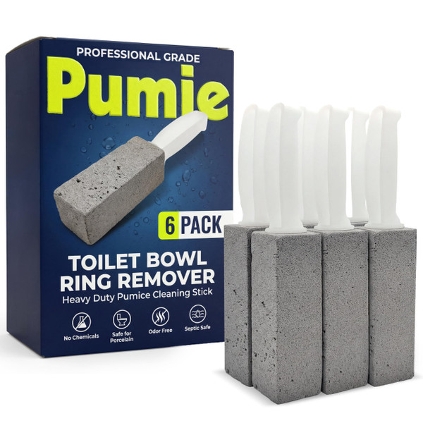PUMIE Pumice Stone Toilet Bowl Cleaner (6-Pack) - Pumice Stone with Handle - Heavy Duty Toilet Bowl Scrubber for Rings, Bowls, Hard Water Stains, Lime, Rust, Sink - Includes Handle for Easy Use