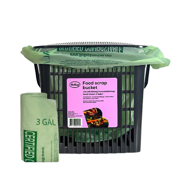 BioBag Countertop Kitchen Compost Bin & 25 Count 3-Gallon Certified Compostable Bags – BPI & ASTM D6400 Approved – Ventilated, Dishwasher-Safe Counter Scrap Bin