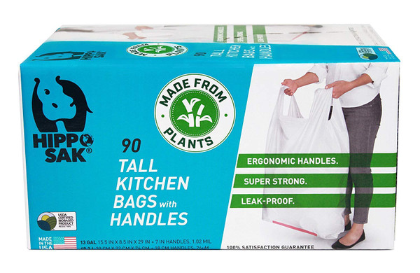 Hippo Sak - Plant Based Tall Kitchen Garbage Bags with Ergonomic Handles - 13 Gallon Trash Bags - Recyclable & Eco Friendly - Super Strong and Leak Proof Tall Kitchen Trash Bags (90 Count)