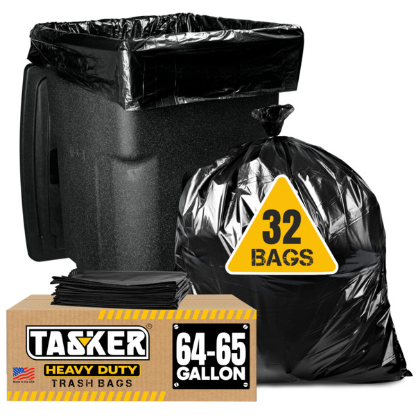 Tasker 65 Gallon Trash Bags for Toter, (Value-Pack 32 Count w/Ties) Heavy Duty Extra Large Garbage Bags for 64-65 Gallon Outdoor Trash Cans, Yard Waste and Lawn Debris