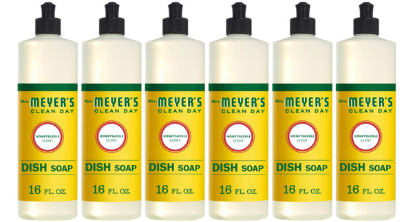 MRS. MEYER'S CLEAN DAY Liquid Dish Soap, Cruelty Free Formula, Honeysuckle Scent, 16 oz- Pack of 6