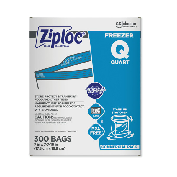SC Johnson Professional Ziploc Quart Food Storage Freezer Bags, Grip 'n Seal Technology for Easier Grip, Open, and Close, 300 Count