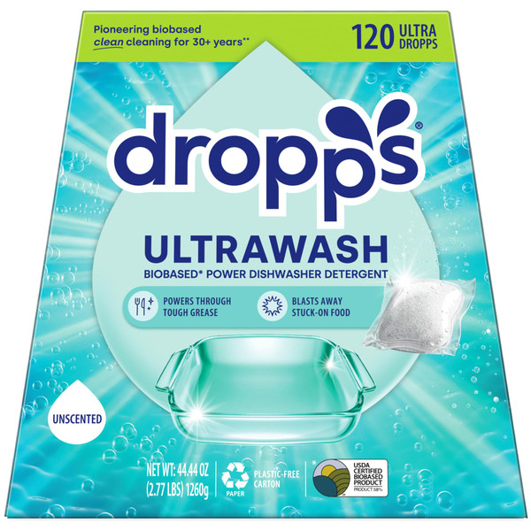 Dropps UltraWash Dishwasher Detergent Pods, Unscented (120 Ct) - Free & Clear | Cuts Grease & Stuck-On Food | Sparkling Dishes & Glasses | Residue-Free | Clean Ingredients | Plastic Free Packaging