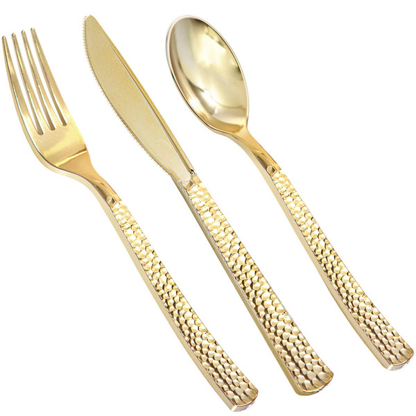Supernal 360pcs Gold Plastic Silverware Set - Heavy Duty Disposable Cutlery (120 Forks, 120 Spoons, 120 Knives) - Elegant Hammered Finish, Premium Plastic Flatware for Weddings, Parties & Catering