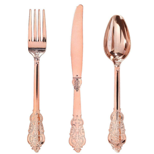 WDF-300 Pieces Rose Gold Plastic Silverware- Disposable Flatware -Heavyweight Plastic Cutlery- Includes 100 Forks, 100 Spoons, 100 Knives for Wedding/Parties/Birthday