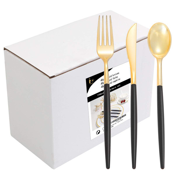 I00000 144 PCS Black Silverware Set, Plastic Silverware with Black Handle, Gold Plastic Cutlery Includes: 48 Forks, 48 Knives and 48 Spoons for Party or Dinner& Wedding