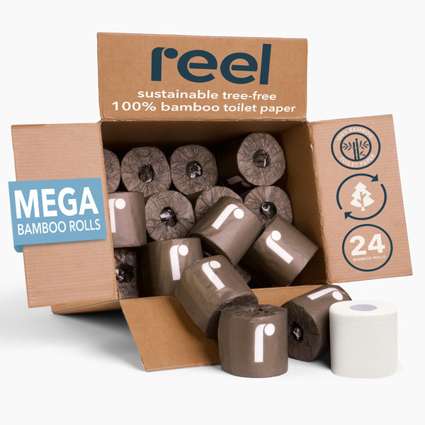 Reel Premium 3-Ply Bamboo Toilet Paper, Unbleached - 24 Rolls, 300 Sheets per Roll - Non-Toxic, Chemical & Bleach Free Toilet Paper - Tree-Free, Septic Safe - Bath Tissues with Zero Plastic Packaging