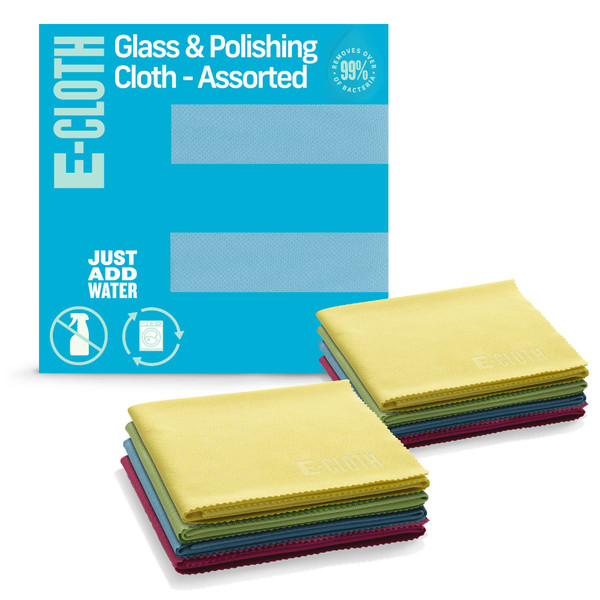 E-Cloth Glass & Polishing Cloths, Premium Microfiber Glass Cleaner, Great for Windows, Glass and Mirrors, Washable and Reusable, 100 Wash Guarantee, Assorted Colors, 8 Pack