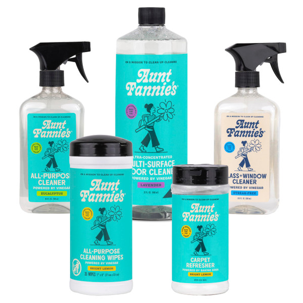 Aunt Fannie's Whole Home Cleaning Bundle: All Purpose Spray, Floor Cleaner, Glass & Window Cleaner, Multi-Surface Wipes, Carpet Refresher