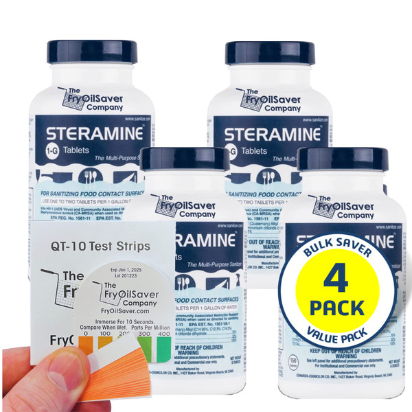 4 Bottles Steramine Sanitizer Tablets - 15x QT-10 Test Strip - Multi Purpose Sanitizing Tablets for Food Contact Surface, Kitchen, Restaurant Cleaning & Commercial Use by FryOilSaver (600 Count)