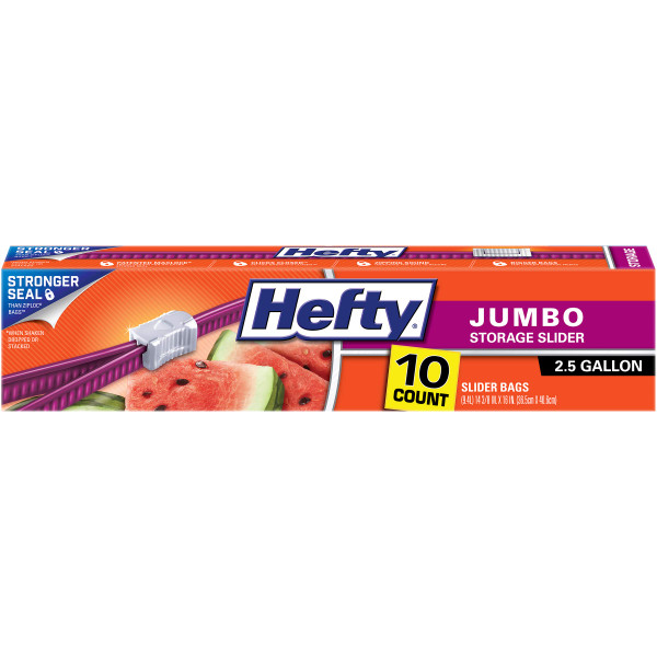 Hefty Slider Jumbo Storage Bags, 10 Count, 2.5 Gallon Extra Large Storage Bags for Bulk Leftovers, Travel Clothes, Shoes, Office Supplies, and More, Writable Label, Secure Zip and Click Closure