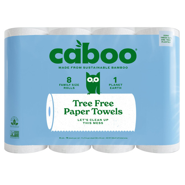 Caboo Tree Free Paper Towels, 8 Rolls, Earth Friendly Sustainable Kitchen Paper Towels with Strong 2 Ply