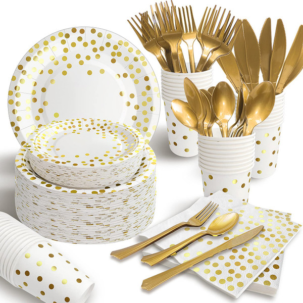 AIRE 350PCS White and Gold Party Supplies, Bulk Disposable Dinnerware Set Serves 50, Heavy Duty Paper Plates & Plastic Cutlery Forks Knives Spoons for Wedding, Anniversary, Large Event