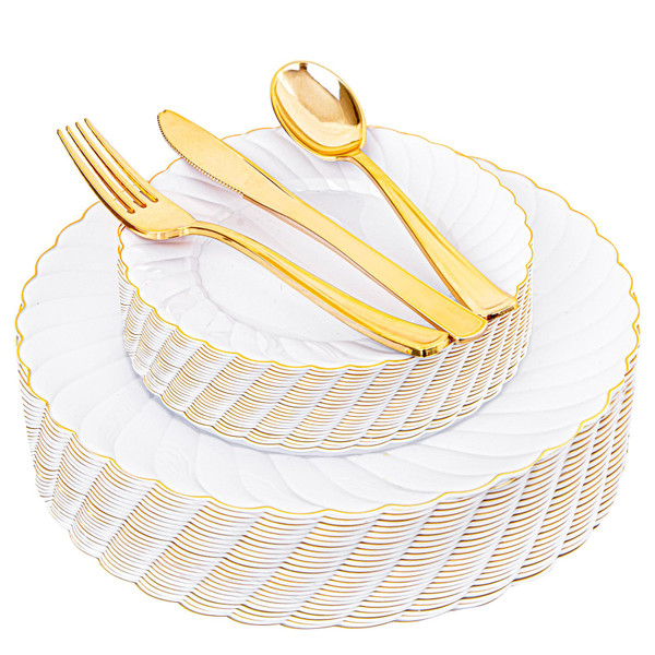 YOUBET 125PCS White Plastic Plates with Gold Rim, Gold Plates Disposable with Golden Silverware Include 25 Dinner Plate 25 Dessert Plate 25 Forks 25 Knives 25 Spoons For Wedding, Parties
