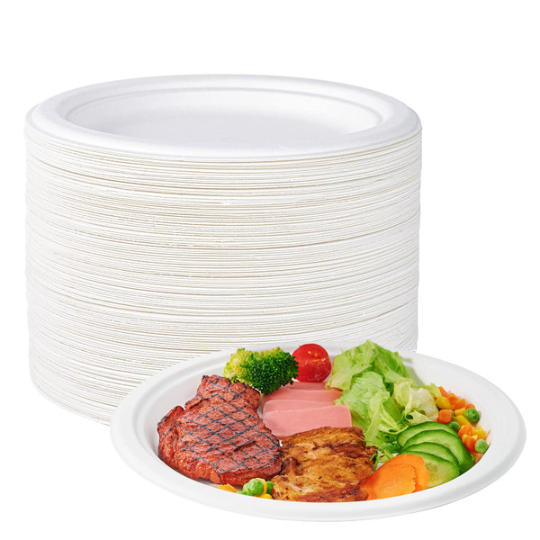 ECOLipak 100% Compostable 10 Inch Heavy Duty Paper Plates, 150 Pack Disposable Biodegradable Eco-friendly Sugarcane Bagasse Plates for Dinner Party(White)