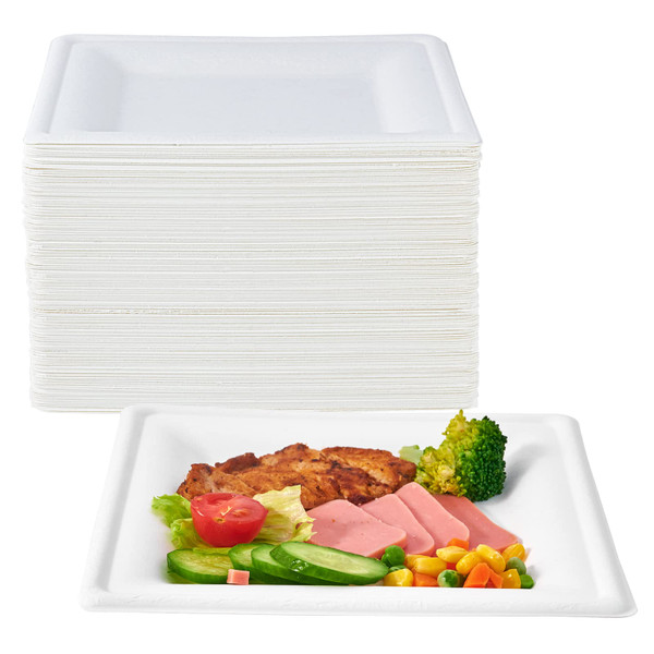 ECOLipak 150 Piecs Square Paper Plates, 8-inch Compostable Disposable Plates, Eco-friendly Heavy Duty Biodegradable Sugarcane Plates for Party Dinner Birthday
