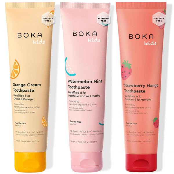 Boka Fluoride Free Toothpaste Nano Hydroxyapatite Toothpaste - Orange Cream, Watermelon Mint, Strawberry Mango Flavor, 4 oz 3Pk
