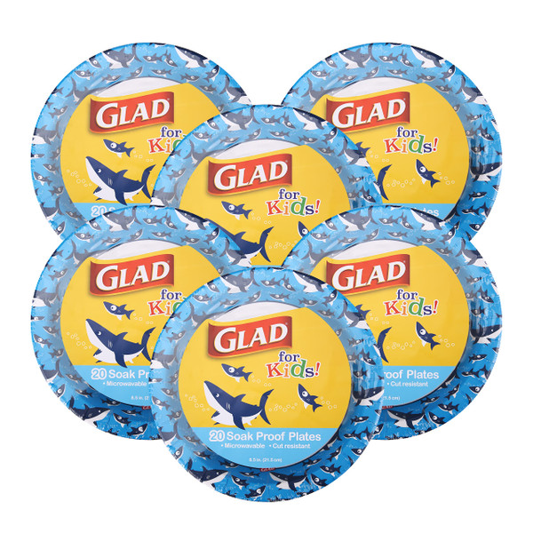 Glad for Kids 8.5 Inch Round Paper Plates, Cute Sharks Design, Heavy Duty Cut-Resistant and Soak-Proof Disposable Plates, Microwavable Kids Tableware for Meals, Parties, Snacks, 20 Count - 6 Pack