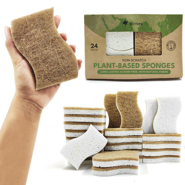 AIRNEX Natural Kitchen Sponges (24 Pack) - Biodegradable Cellulose & Coconut Scrubber Dish Sponges for Kitchen - Eco-Friendly, Non Scratch, Compostable, Non Toxic S-Shaped Natural Sponges for Dishes