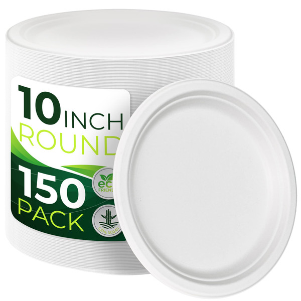 BIRCHIO 150pcs 100% Compostable Paper Plates (10in), Heavy Duty, Eco Friendly, Biodegradable Made of Sugarcane Fiber