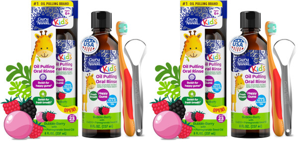 GuruNanda Kids Oil Pulling, Alcohol-Free Mouthwash, Essential Oils & Vitamins for Fresh Breath & Happy Gums for Ages 6 & up, Natural Bubble Berry, 8 Oz (Pack of 2)