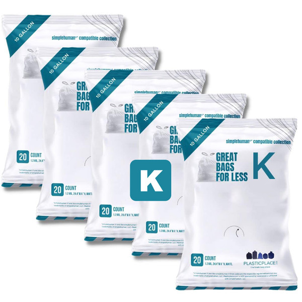 Plasticplace Custom Fit Trash Bags, Compatible with simplehuman Code K Packs, White Drawstring Garbage Liners 10 Gallon, 24'' x 28'' (20 Count/5 Pack)