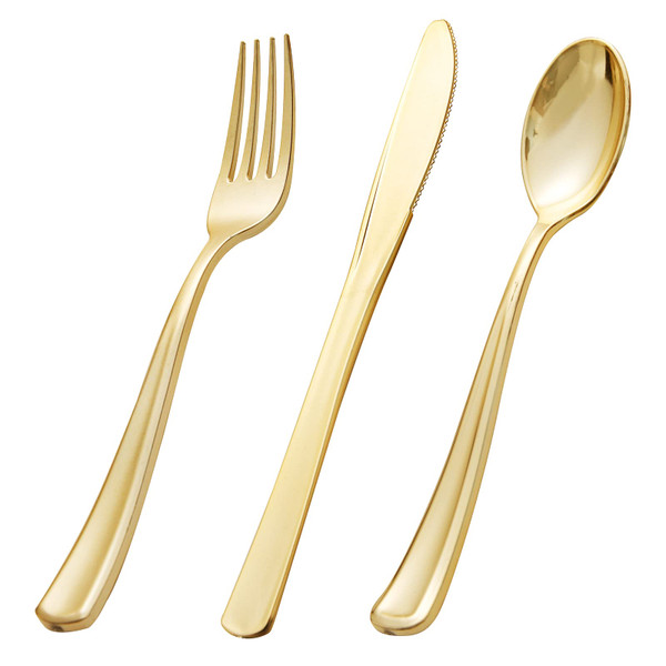 bUCLA 600 Pieces Gold Plastic Silverware - Disposable Gold Utensils - Heavy Duty Plastic Cutlery set- 200 Forks, 200 Spoons, 200 Knives for Party & Wedding