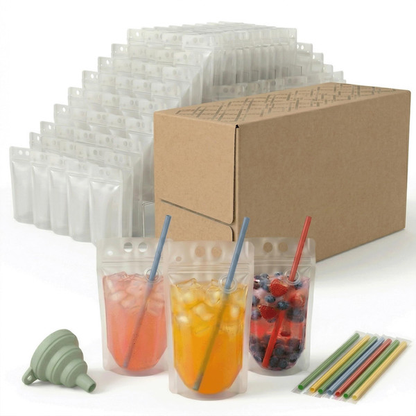 C CRYSTAL LEMON 400PCS Drink Pouches with Side Straw Port, Bulk Drink Bag Set with 400 Wrapped Straws & Funnel, 17oz Stand-Up Beverage Pouches for Large Events, Parties & Group Serving