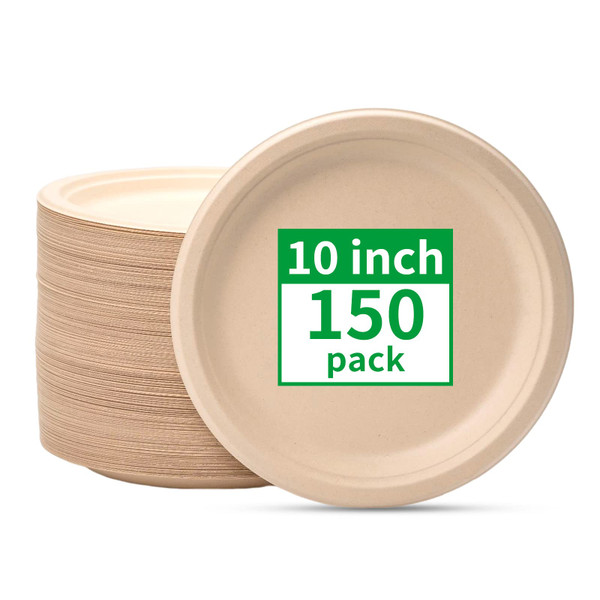 RACETOP Compostable Paper Plates 10 Inch [150 Pack], Disposable Biodegradable Heavy Duty Paper Plates, Made of Natural Sugarcane Fibers, Unbleached Brown, Round