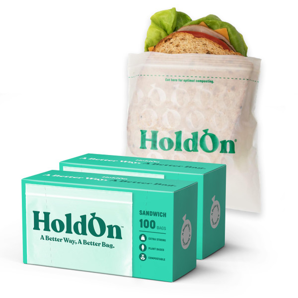 HoldOn Compostable Zip Lock Sandwich Bags, 200 Bags - Leak Proof Sandwich Size Storage Bags for Travel & Kitchen Meal Prep & On-The-Go Snacks - Resealable Food Storage Bags - BPA-Free, BPI Certified