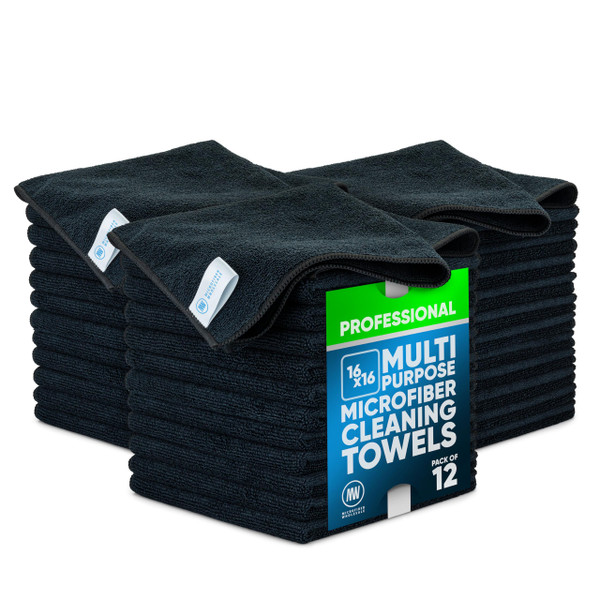 MW Pro Microfiber Cleaning Cloth | Black | 36 Pack | 16” x 16” | All Purpose Microfiber Towels - Clean, Dust, Polish, Scrub, Absorbent