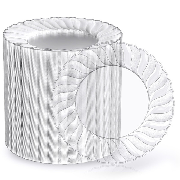 FOCUSLINE 100 Count 6 Inch Clear Plastic Plates, Disposable Heavy Duty Salad Dessert Plates- Premium Hard Plastic Plate Fancy Disposable Clear Plate for Weddings, Parties and Events