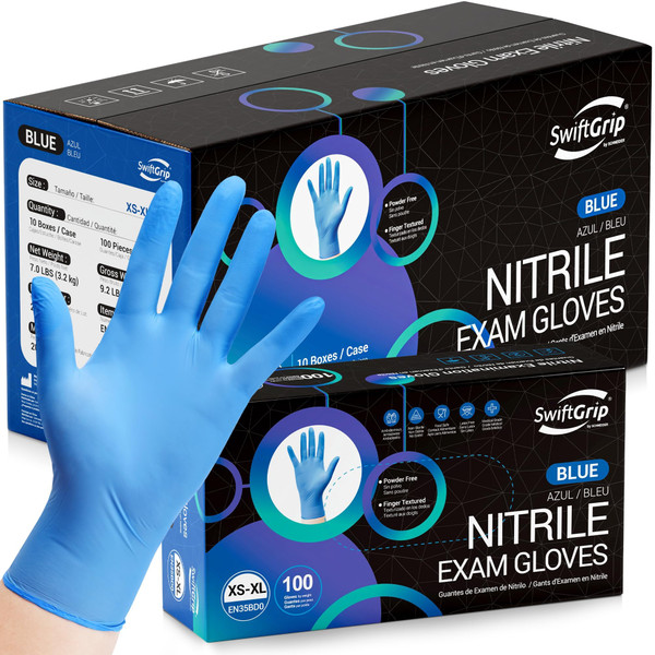 SwiftGrip Disposable Nitrile Exam Gloves, Blue, Latex Free, Medical Gloves for Cleaning, Food-Safe, Powder Free, Non-Sterile, 1000-ct Case (X-Small)