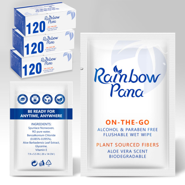 RainbowPana Flushable Wipes, 360 Count, On-The-Go Individually Wrapped for Women and Men - Travel Wipes for Family, Infused With Vitamin E and Natural Aloe, pH Balanced