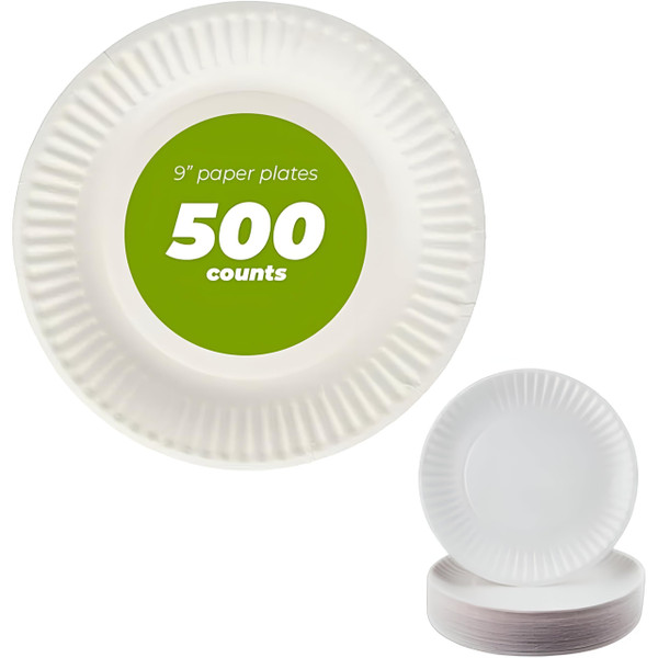 Concession Essentials Paper Plate, 9" White Uncoated 500ct