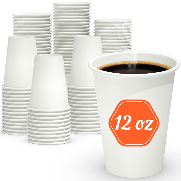 Dealusy 200 Count 12 oz Coffee Cups, Leak-Free Food Safe Paper Cups 12 oz, Disposable 12oz White Paper Cups for Cold and Hot Drinks