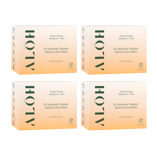 ALŌH Skin - Softening Sanitizing Hand Wipes – Sweet Orange Bergamot - 4 Boxes of 20 Individually Wrapped Wipes (80 wipes)