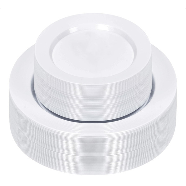 Bestluck 100PCS White Plastic Plates, White Disposable Plates for 50 Guests, 50 Dinner Plates 10.25 inch and 50 Dessert/Salad Plates 7.5 inch for Party, Graduation, Wedding