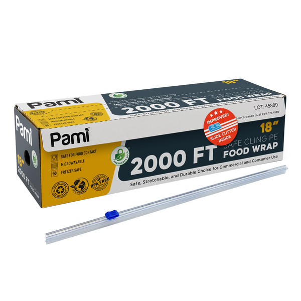 PAMI Plastic Food Wrap 18” x 2000 FT with Slide Cutter – Safe Cling Stretch Film, BPA Free, Microwave & Freezer Safe, Durable Food Storage Wrap for Home & Commercial Use