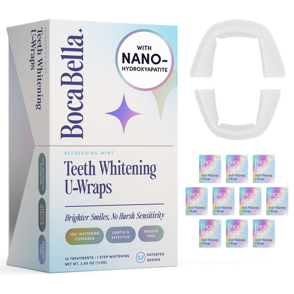 BocaBella Teeth Whitening Trays U-Wraps - 15% Hydrogen Peroxide Whitening Strips & Tray Alternative - Nano-Hydroxyapatite Enamel Safe - 10 Treatments - Up to 23 Shades Whiter - No Harsh Sensitivity