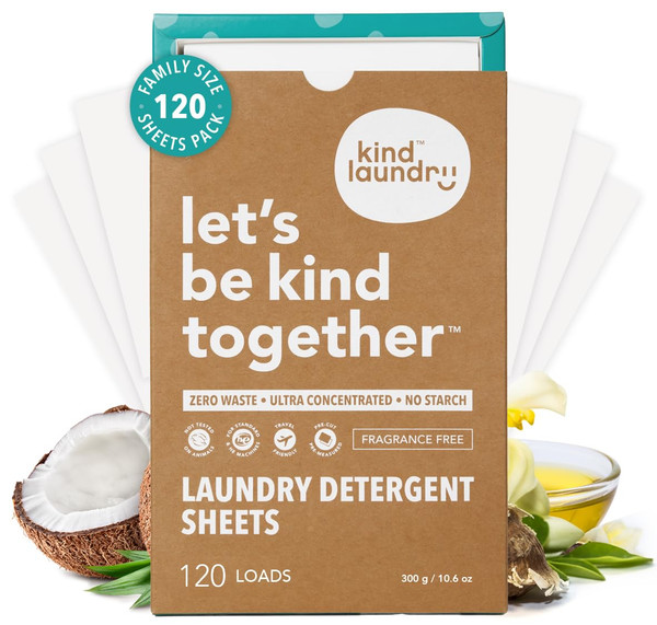 Kind Laundry Detergent Sheets – 120 Loads Fragrance Free, EWG Verified, No Residue After Wash, Eco Plastic-Free Liquidless Laundry Soap, Non-Toxic Formula, for Sensitive Skin, Travel & Dorm Friendly